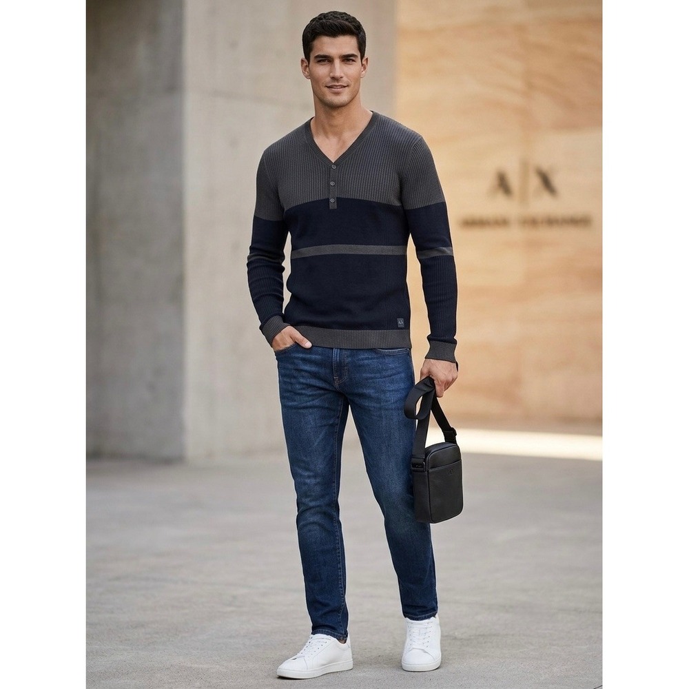 Armani Exchange Mens Colorblock Ribbed Henley Sweater Navy Grey M 3NZM31 ZM8BZ
